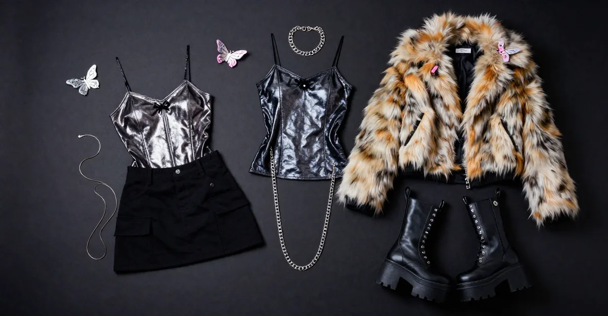 Y2K Halloween costume outfit ideas flat lay with metallic tops, black mini skirt, faux fur jacket and platform boots